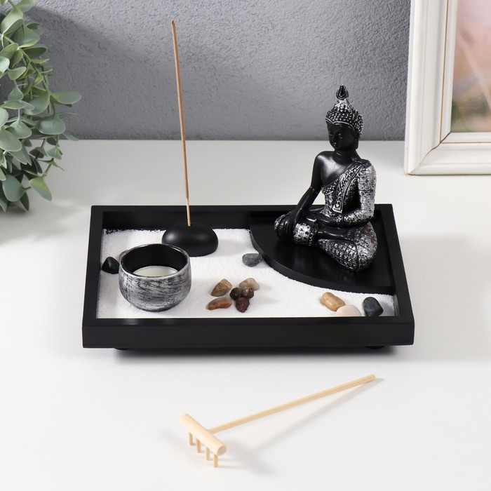 Японский сад камней настольный «Дзен. Будда в серебристом одеянии», с набором аксессуаров, 21.7×15.6×14.8 см