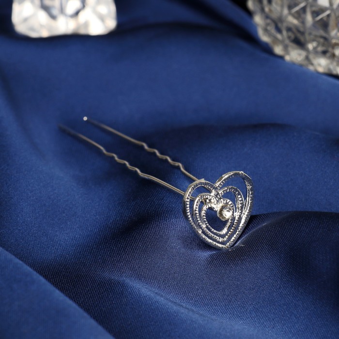 Шпилька для волос Аврора сердце, 1,4х6,5 см, серебро