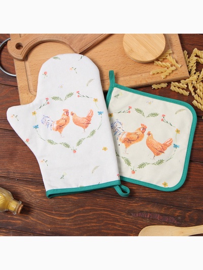 Набор кух. Этель "Курочка и петух" варежка-прихватка 20х28см, прихватка 19х19см,100% хл