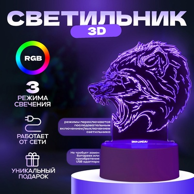 Светильник 3D RISALUX «Оборотень», LED-ночник, RGB, от сети, 14.3×9.5×14.3 см