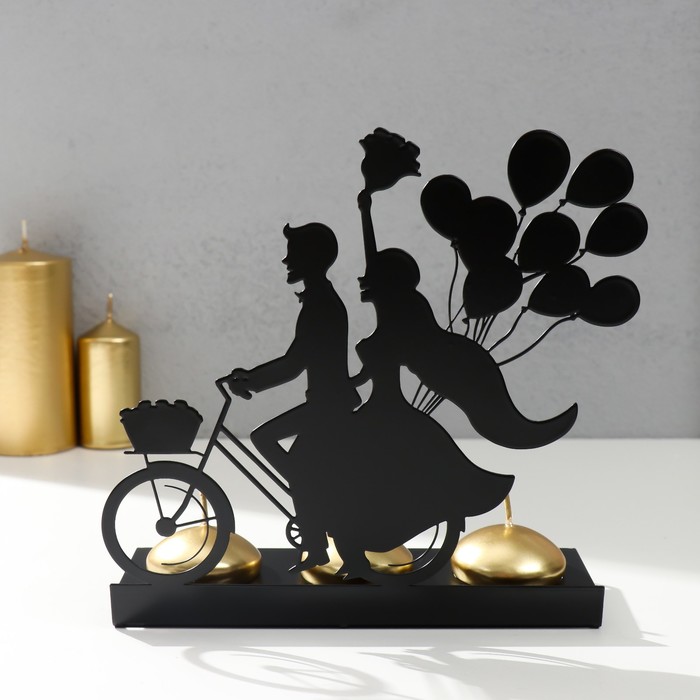 Подсвечник металл на 3 свечи "Романтичная поездка на велосипеде" чёрный 16,8х18,5х6 см - Фото 1