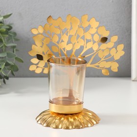 Подсвечник металл, стекло на 1 свечу "Дерево с листьями" d=4,7 см, золото 14,7х9,3х15 см