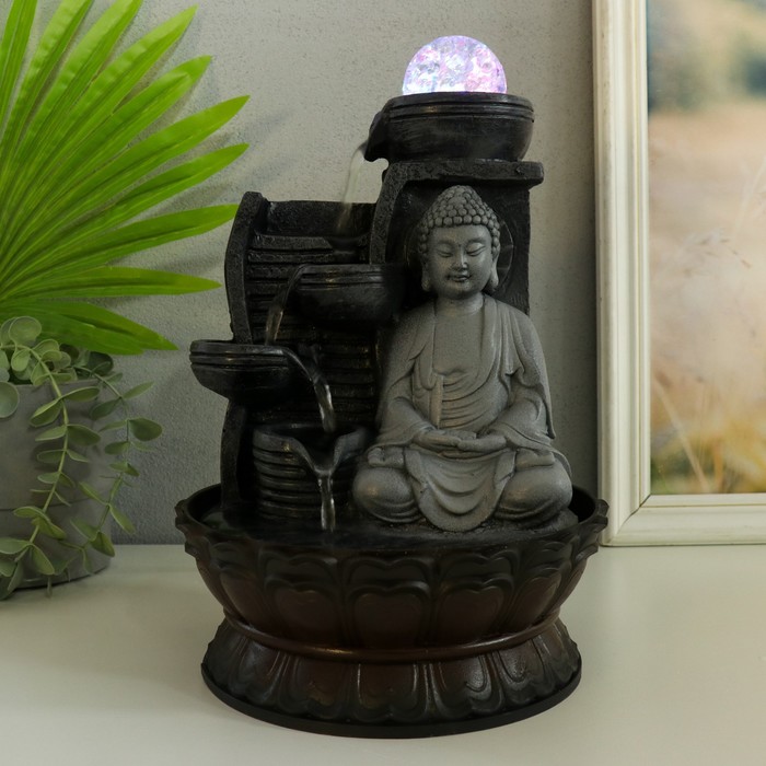 Фонтан настольный от сети, подсветка "Будда в сером у стены" 20х20х30 см - фото 1906497136