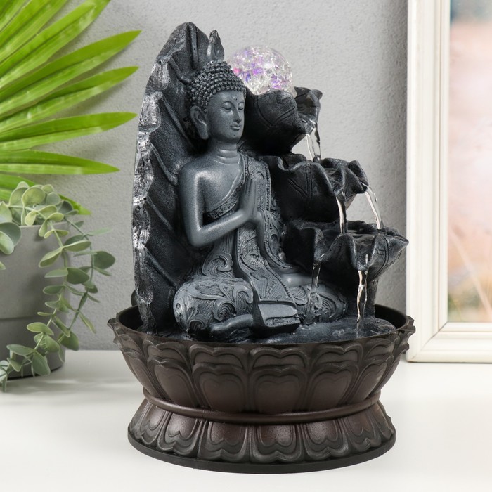 Фонтан настольный от сети, подсветка "Будда в сером сидит у листа" 20х20х30 см - фото 1906497139