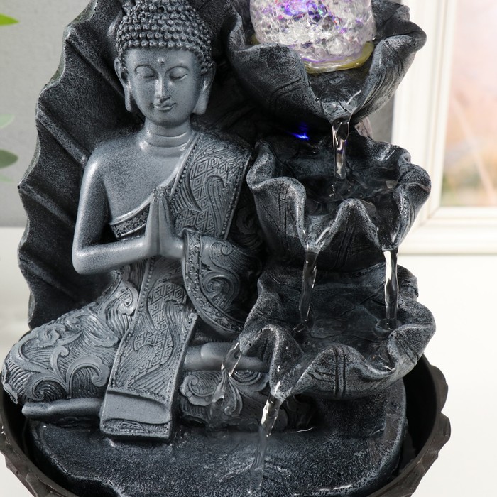 Фонтан настольный от сети, подсветка "Будда в сером сидит у листа" 20х20х30 см - фото 1906497142