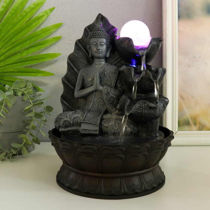 Фонтан настольный от сети, подсветка "Будда в сером сидит у листа" 20х20х30 см - фото 1906497143