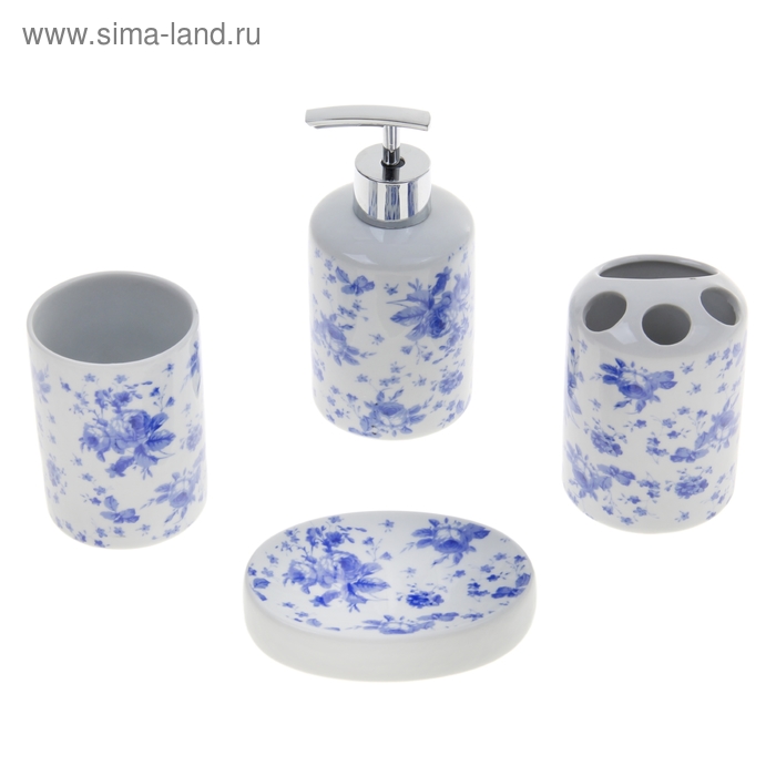 Набор аксессуаров для ванной комнаты «Нежные цветы», 4 предмета (дозатор, мыльница, 2 стакана) - Фото 1