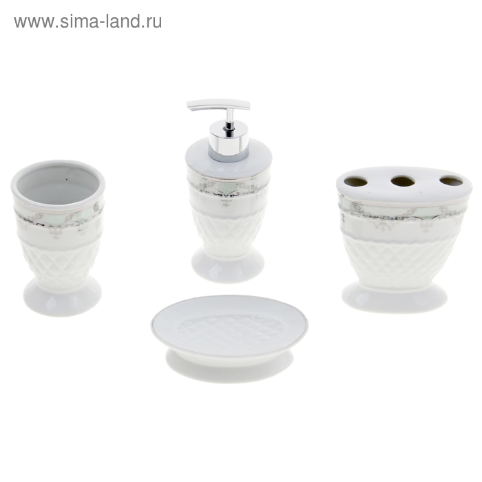 Набор аксессуаров для ванной комнаты «Вензель», 4 предмета (дозатор, мыльница, 2 стакана), цвет белый - Фото 1