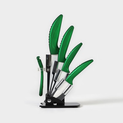 Набор кухонный на подставке «Изгиб», 5 предметов: 4 ножа, 7.5 см, 10 см, 13 см, 15 см, овощечистка, цвет зелёный