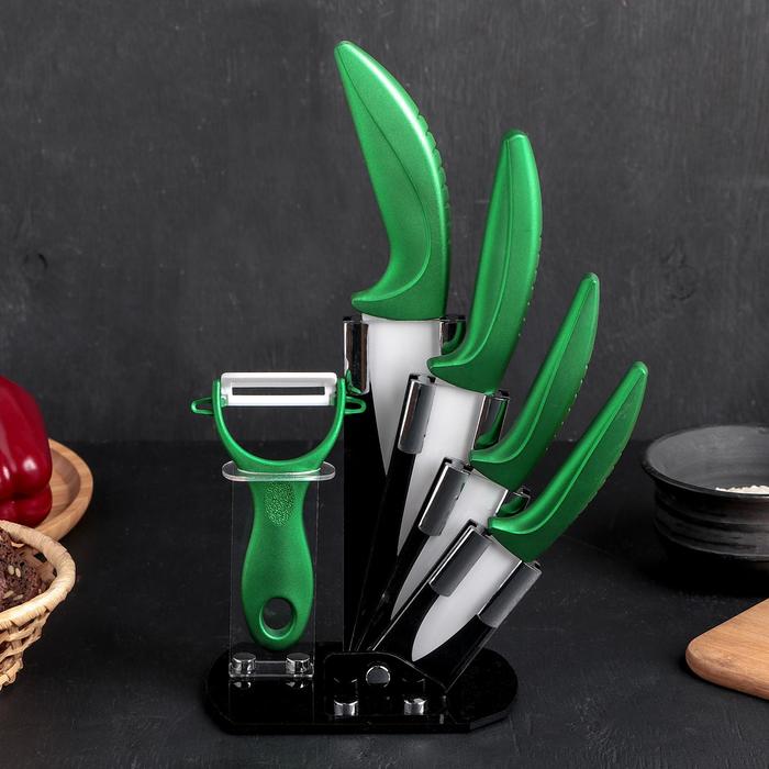 Набор кухонный «Изгиб», 5 предметов: 4 ножа 7,5 см, 10 см, 13 см, 15 см, овощечистка, на подставке, цвет зелёный - фото 1906788463