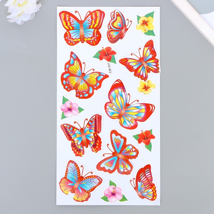 Наклейка бумага интерьерная "Бабочки и цветы" с глиттером  33х14,5 см - Фото 1
