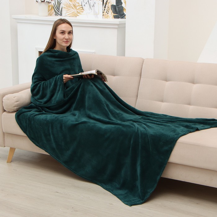 Плед с рукавами «Этель», 150×200 см, корал-флис, изумрудный - Фото 1