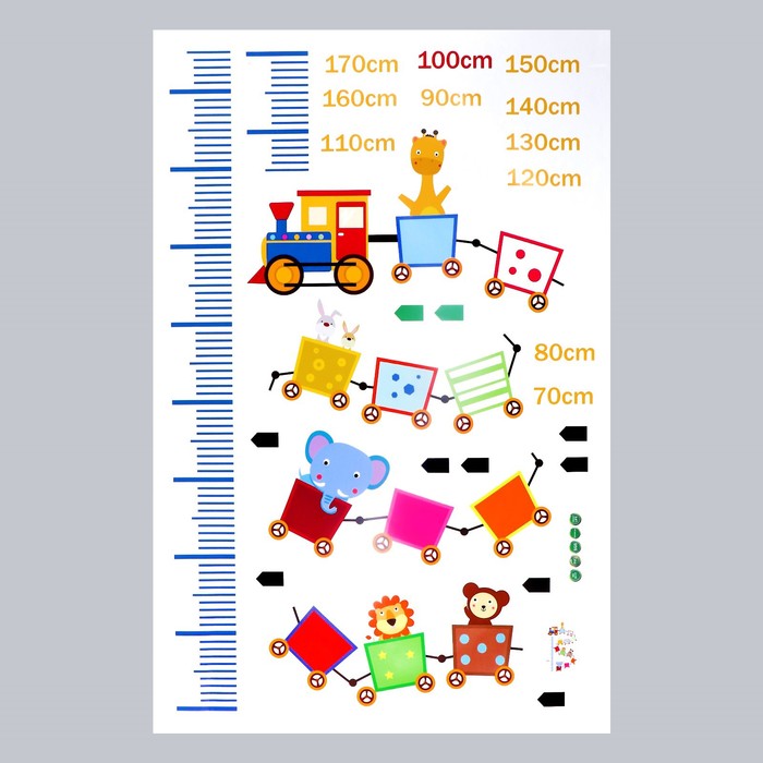 Наклейка пластик интерьерная цветная ростомер "Поезд со зверями" 60x90 см
