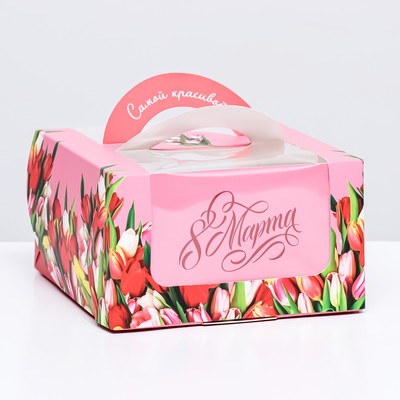 Коробка под бенто-торт с окном "От всего сердца тюльпаны", 14 х 14 х 8 см