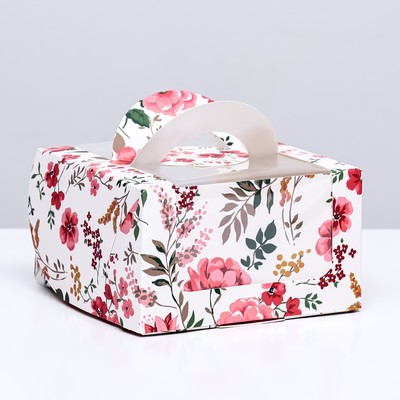 Коробка под бенто - торт с окном «Цветочная роспись», 14×14×8 см