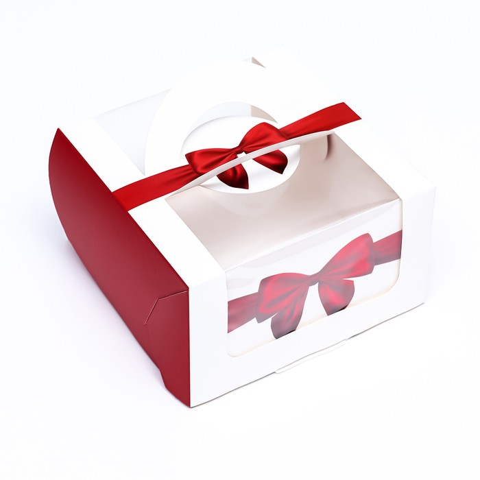 Коробка под бенто-торт с окном "Красный бант", 14 х 14 х 8 см