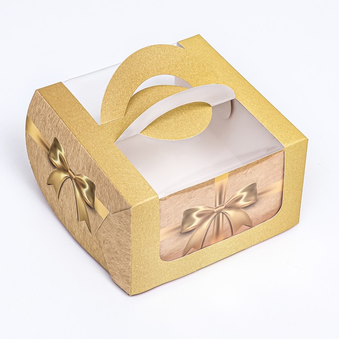 Коробка под бенто-торт с окном "Золотой бант", 14 х 14 х 8 см