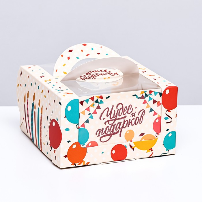 Коробка под бенто-торт с окном "С днём рождения", 14 х 14 х 8 см - Фото 1