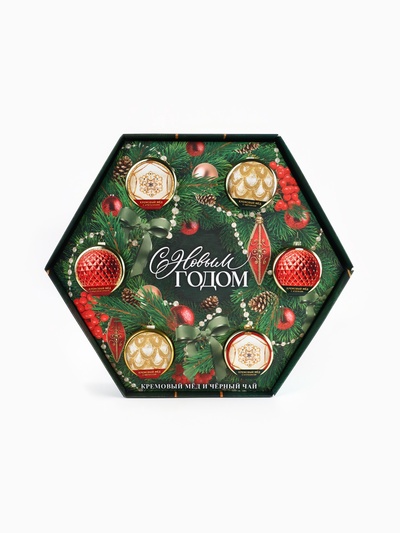 Подарочный набор новогодний «С новым годом!»: чай чёрный, крем-мёд (6 шт.x30 г)
