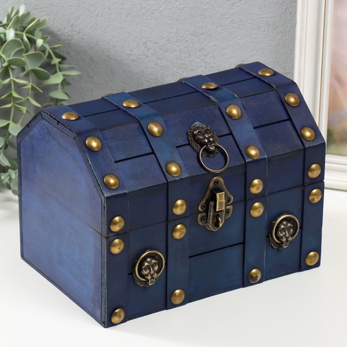 Шкатулка для украшений «Сундучок. Лев. С заклёпками», дерево, ярко-синяя, 16×15.5×22 см - Фото 1