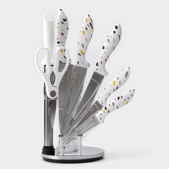 Набор ножей кухонных на подставке Доляна Sparkle, 7 предметов: 5 ножей, мусат и ножницы - Фото 1