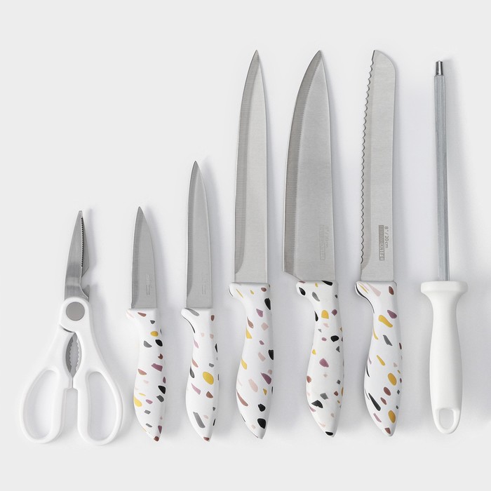 Набор ножей кухонных на подставке Доляна Sparkle, 7 предметов: 5 ножей, мусат и ножницы - фото 1926923087