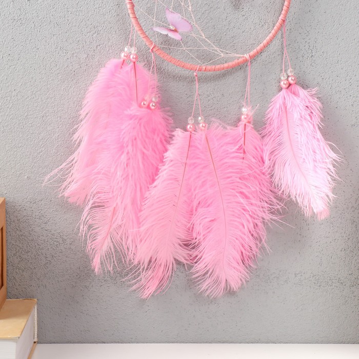 Ловец снов "Бабочки и страусиные перья" розовый d=15 см 50х15 см