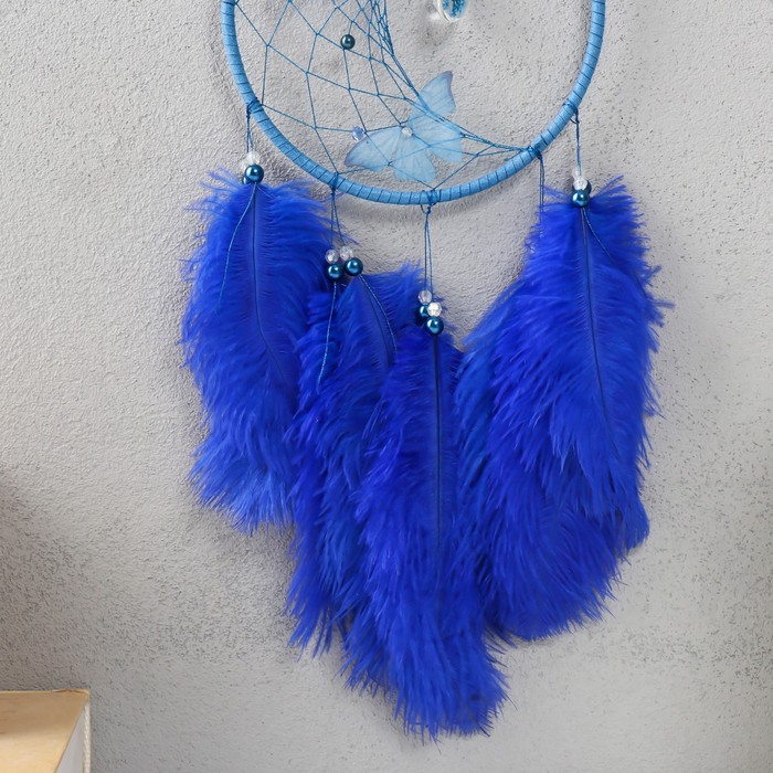 Ловец снов "Бабочки и страусиные перья" ярко-синий d=15 см 50х15 см