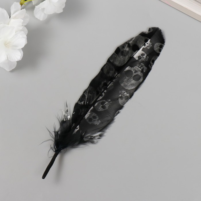 Перо декоративное фазана "Черепа" чёрное с серебром h=15-20 см