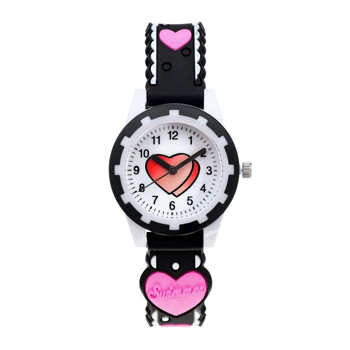 Часы наручные детские, "Сердечки", d-2 см, ремешок силикон l-20 см, черные - Фото 1