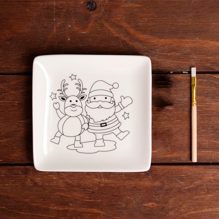 Тарелка под раскраску «Олень и Дед Мороз», кисть - Фото 1