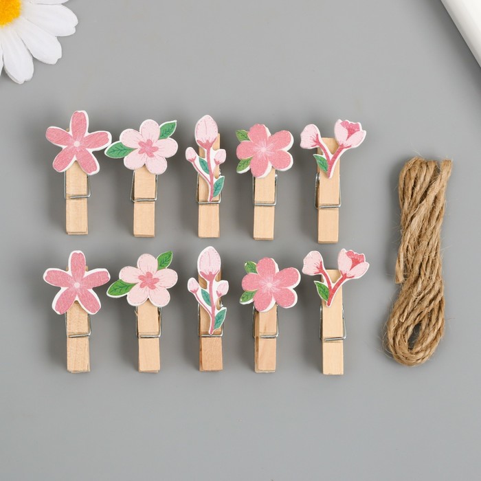 Декор для творчества дерево "Прищепка. Розовые цветы" набор 10 шт 4х2,4х1,2 см - Фото 1