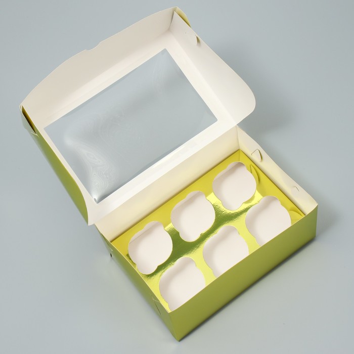 Коробка складная на 6 капкейков с окном «Золотистая», 25 х 17 х 10 см