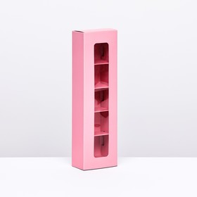 Коробка под 5 конфет с обечайкой, с окном, с тонкими разделителями, Розовая 21х5х3,3 см