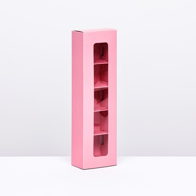 Коробка под 5 конфет с обечайкой, с окном, с тонкими разделителями, Розовая 20х5х3,3 см