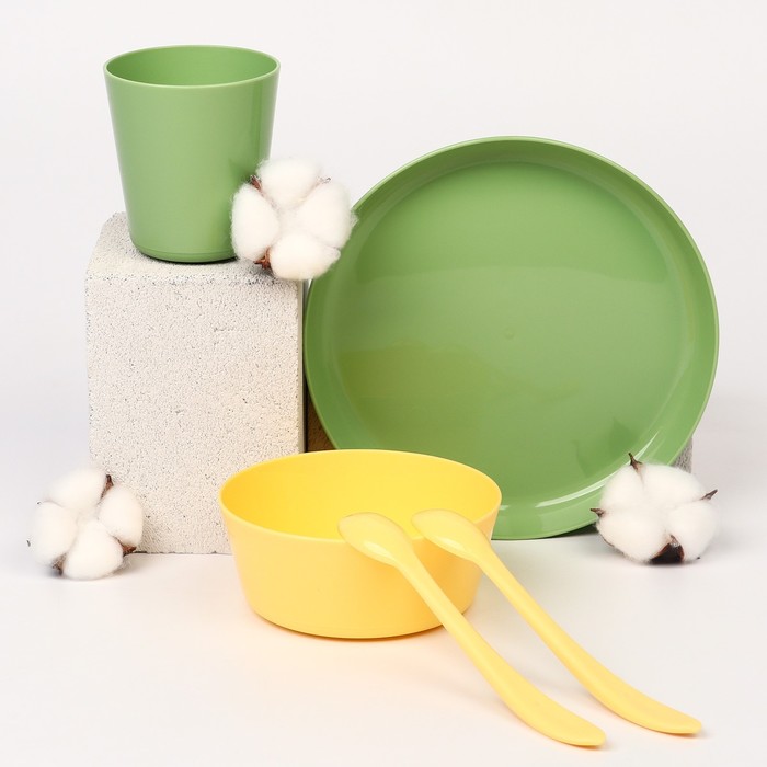 Набор детской посуды Lalababy Follow Me (тарелка, миска, стаканчик, 2 ложки), цвет зеленый - фото 1907949567