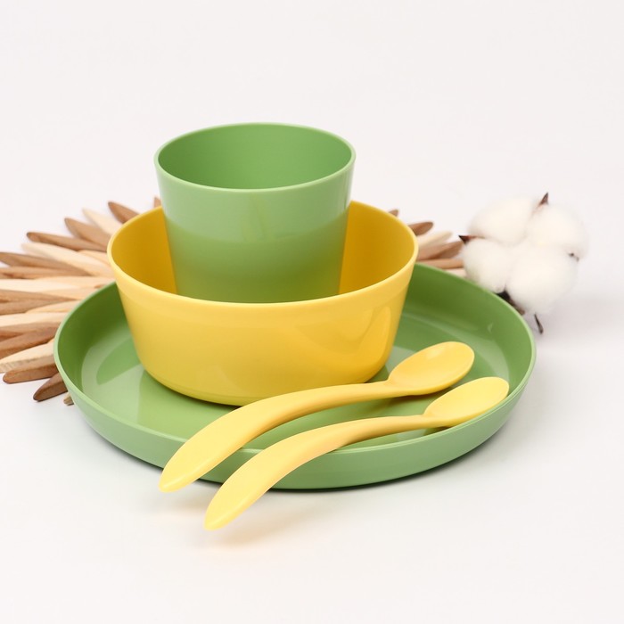 Набор детской посуды Lalababy Follow Me (тарелка, миска, стаканчик, 2 ложки), цвет зеленый - фото 1907949561