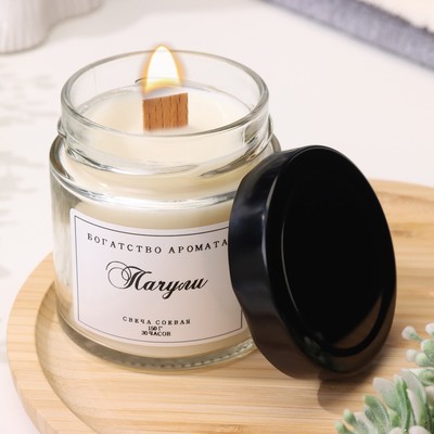 Ароматическая свеча в банке, 150 г, из соевого воска, деревянный фитиль, пачули