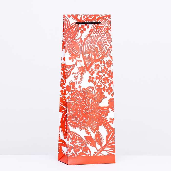 Пакет подарочный "Красный цветочный узор"  12 х 36 х 8,5 см - Фото 1
