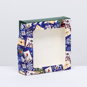 Коробка складная с окном "Новогодняя посылка синяя"15 х 15 х 4 см
