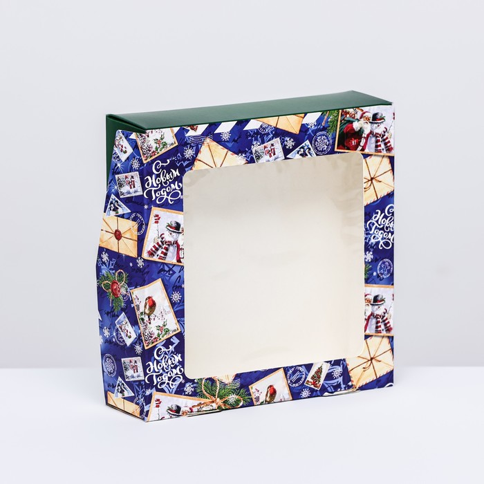 Коробка складная с окном "Новогодняя посылка синяя"15 х 15 х 4 см - Фото 1