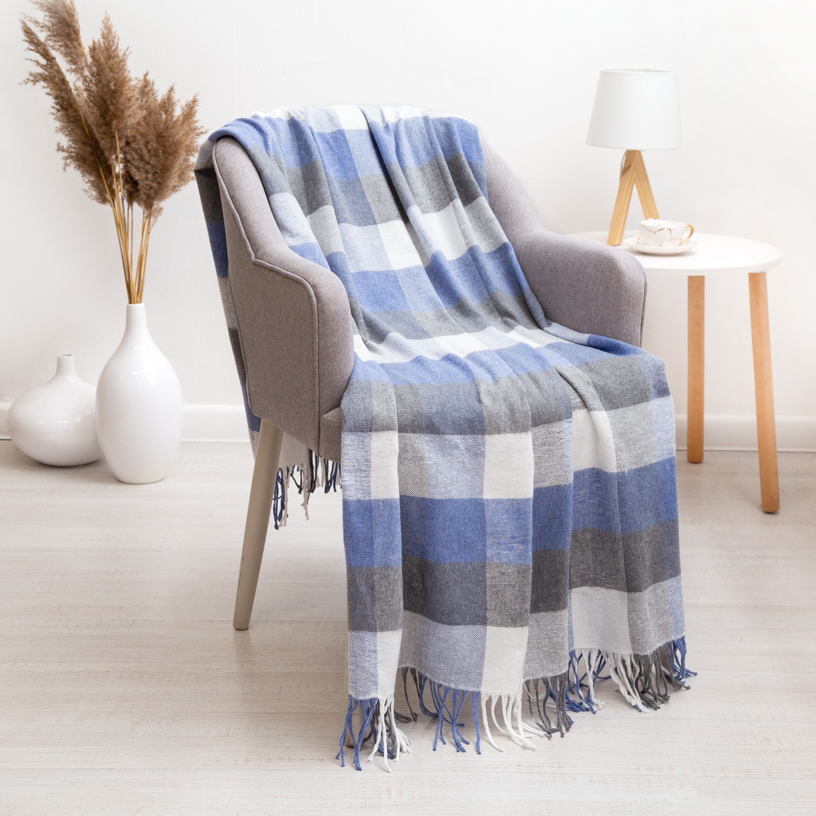 Плед Пикник 170х210см, бел-сер-син рап.8, хл 20%, пан 40%, пэ 40% ...