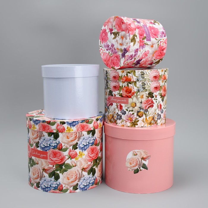 Набор шляпных коробок 5 в 1, упаковка подарочная, «Цветы», 13 х 14 ‒ 19.5 х 22 см - фото 1907950767