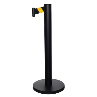 Стойка ограждения чёрная, с жёлто-чёрной вытяжной лентой 180 см, высота 90 см, d=6 см, напольный d=32 см