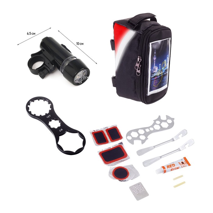 Набор для велосипеда 3 в 1: ремонтный набор, велосипедный ключ, сумка - Фото 1