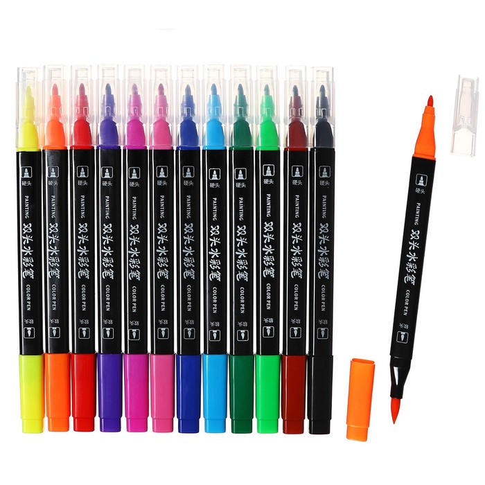 Набор маркеров профессиональных 12 штук, двусторонне, в пластиковом пенале с ручкой, 12 цветов - Фото 1