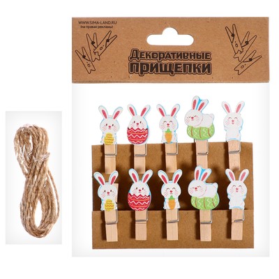 Прищепки декоративные на пасху «Зайчики и яички» набор 10 шт., 1.5×12×14 см