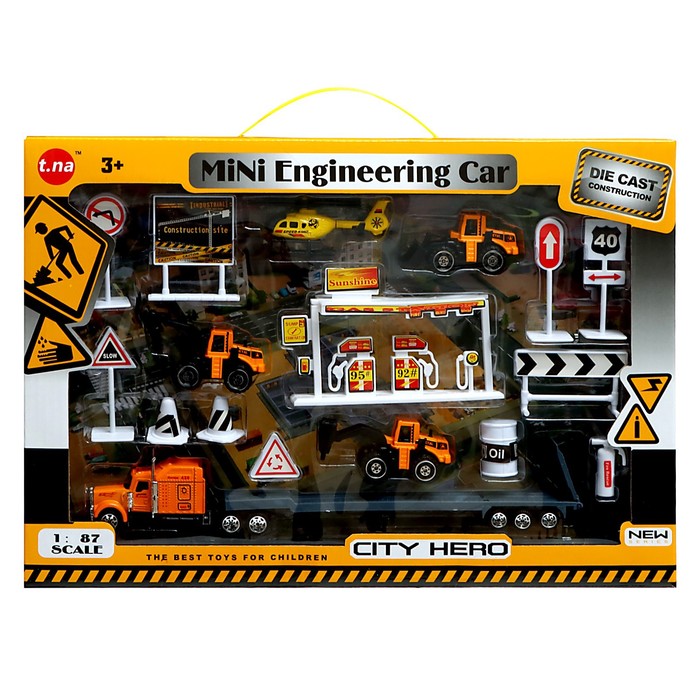 Игровой набор из металла «Строительная техника», в комплекте дорожные знаки и техника