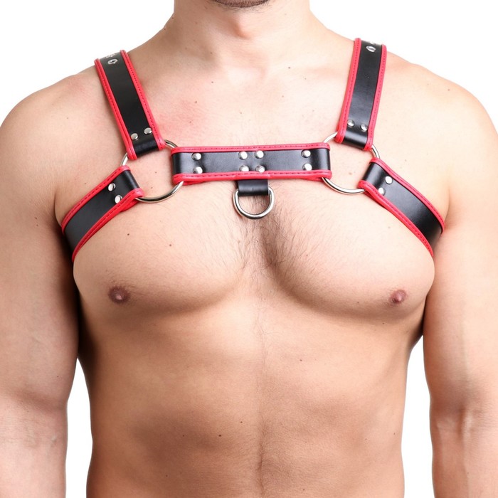 Портупея БДСМ мужская, на грудь, экокожа, красный кант - Фото 1