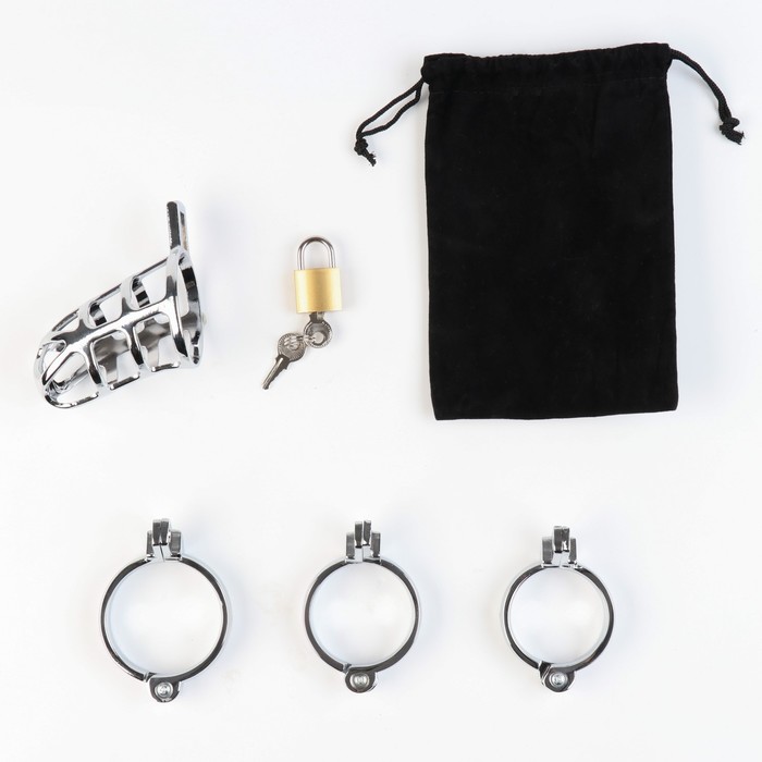 Пояс верности «Клетка целомудрия № 2», кольца d=4; 4.5; 5 см, замок, ключ, металл - Фото 1
